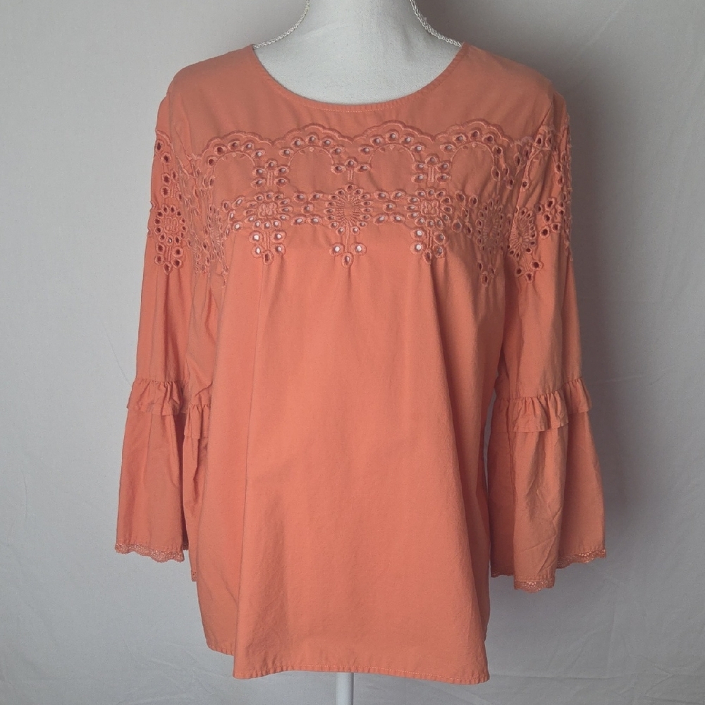 Penelope Rose Coral Eyelet Peasant Boho Button Back Women's Top Size XL